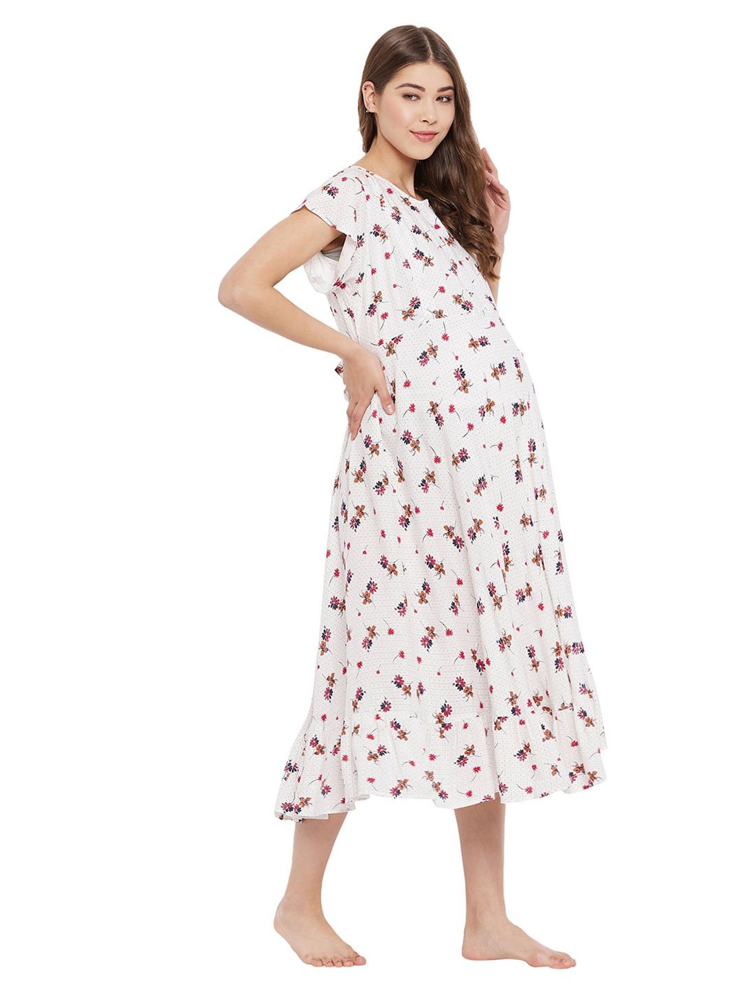 Hypernation White Floral Print Maternity Night Dress