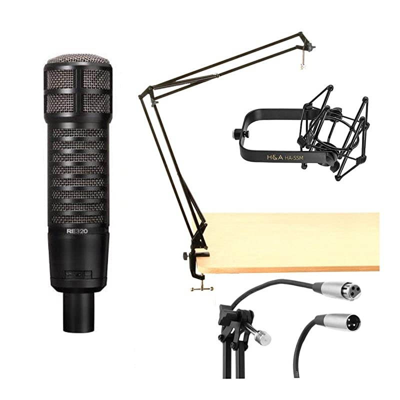 RE320 Variable-D Dynamic Vocal and Instrument Microphone + On-Stage MBS5000 Broadcast Arm with XLR Cable + H&A Microphone + H&A Microphone Suspension Shockmount