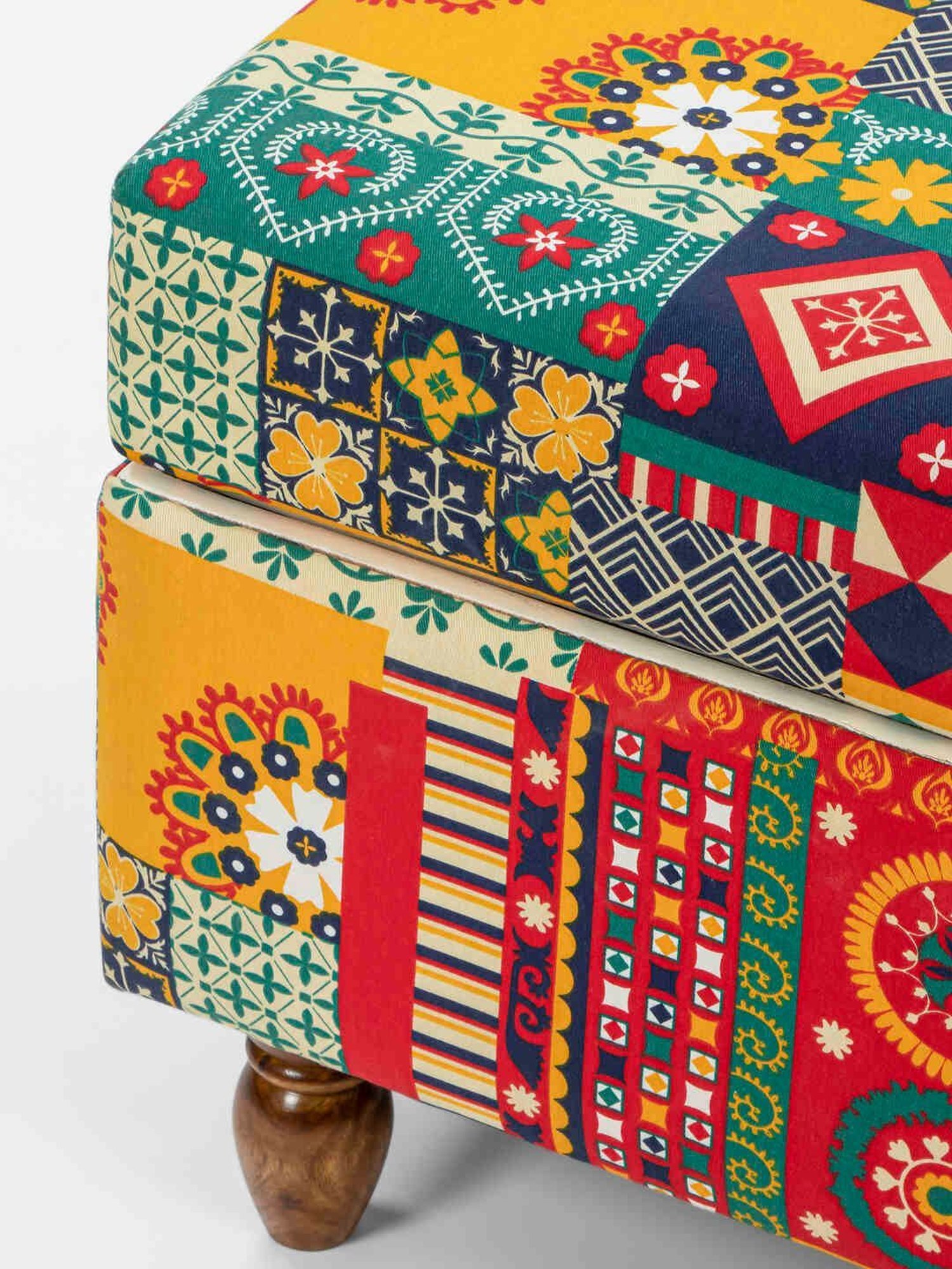 Chumbak Swirls Printed Red Sheesham Wood Modern Trunk Storage Ottoman