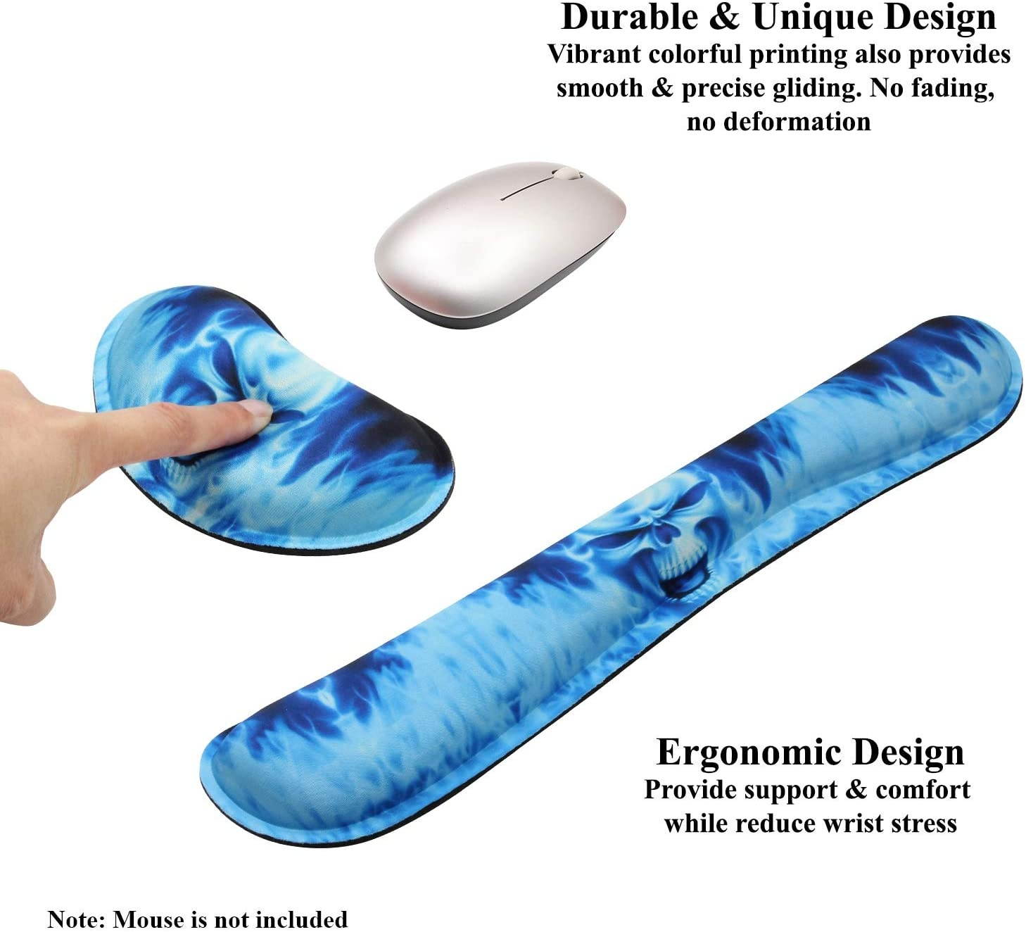 Meffort Inc Gaming Keyboard Wrist Pad & Mouse Wrist Rest Cushion Support Combo Set &ndash; Durable Ergonomic Anti Slip Non-Slip Base - Blue Skull
