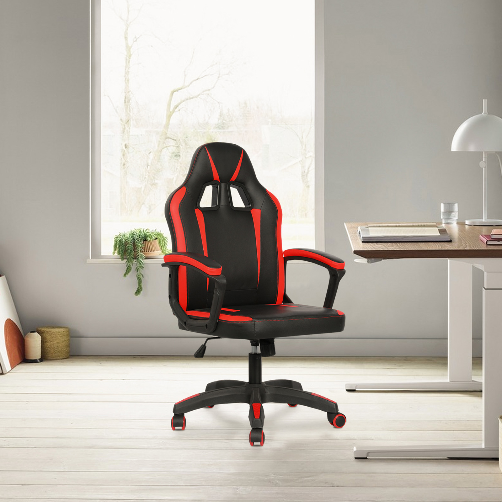 YOUTHUP Office Chair Adjustable Ergonomic Leather Gaming Chair Swivel Rolling Computer Desk Chair with Lumbar Support,Black and Red