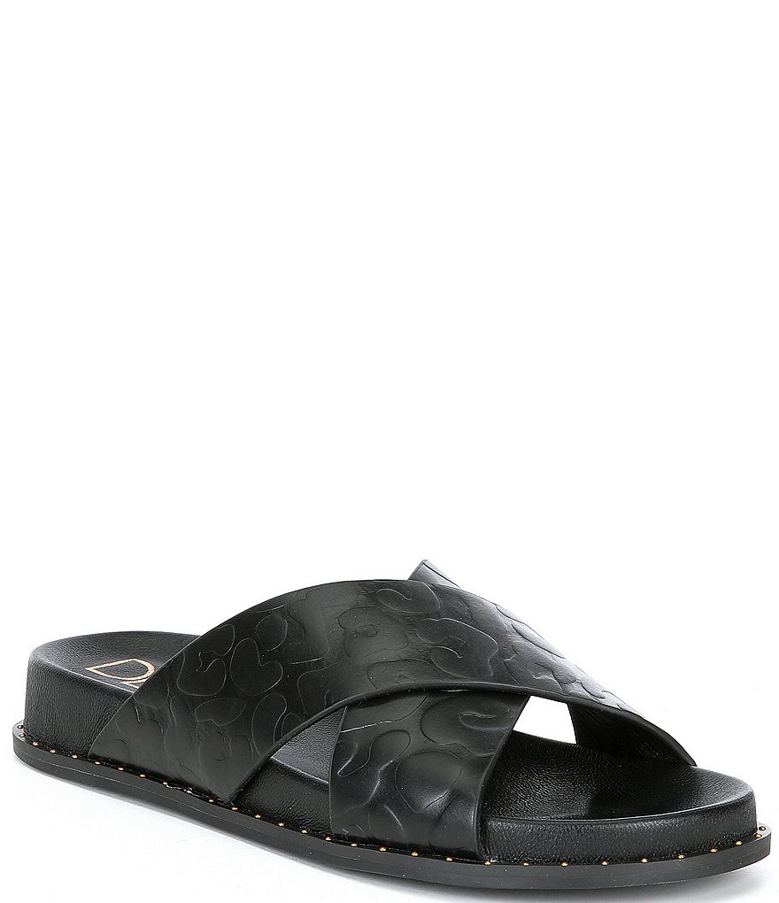 Deltan Nova Debossed Leopard Print Leather Cross Band Slides