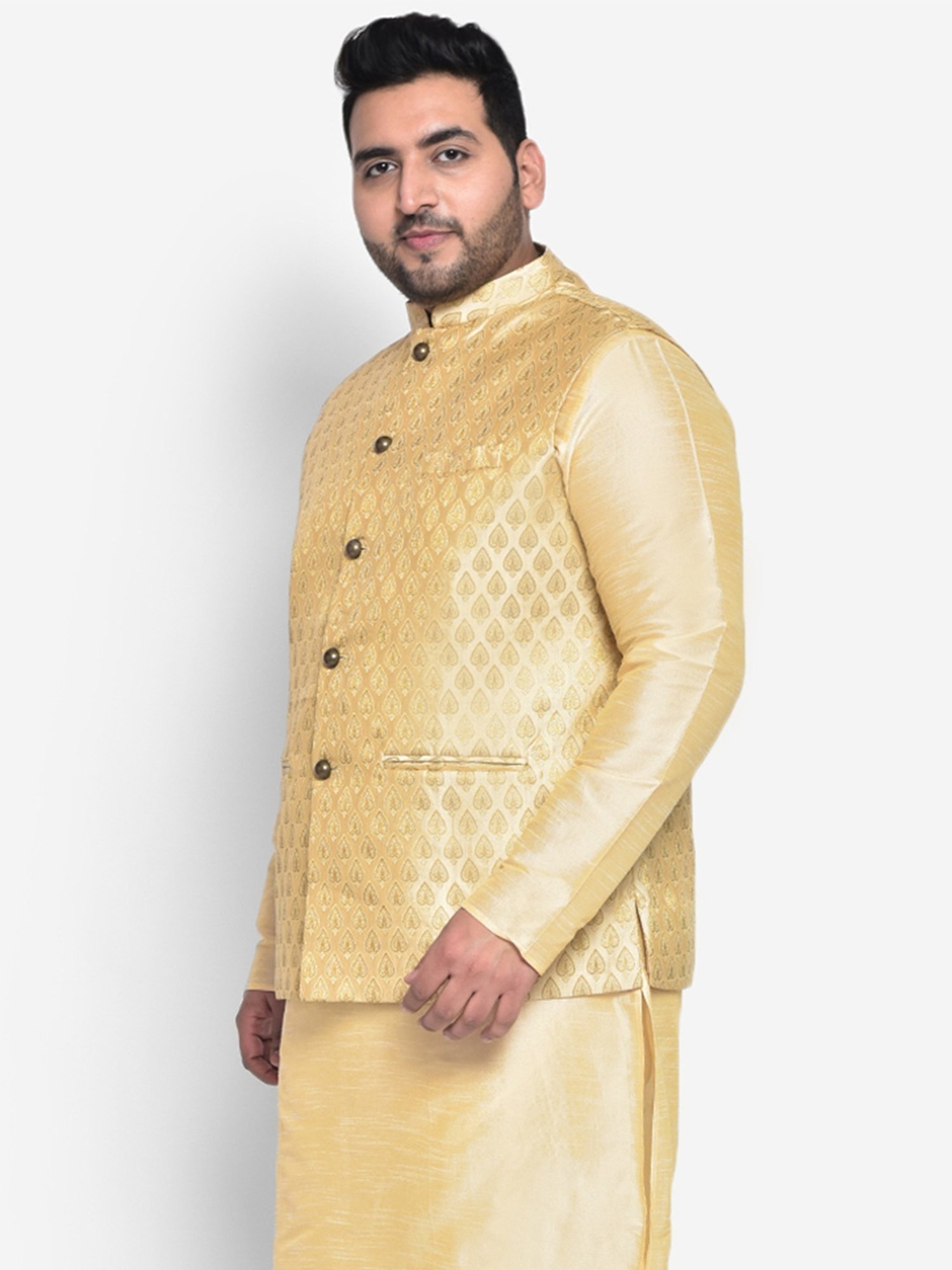 KISAH PLUS Beige Regular Fit Jacquard Nehru Jacket
