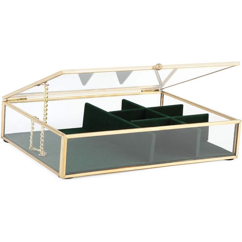 Farmlyn Creek Glass with Gold Trim Jewelry Box with Green Velvet Organizer (7.1 x 5.5 x 1.6 In)