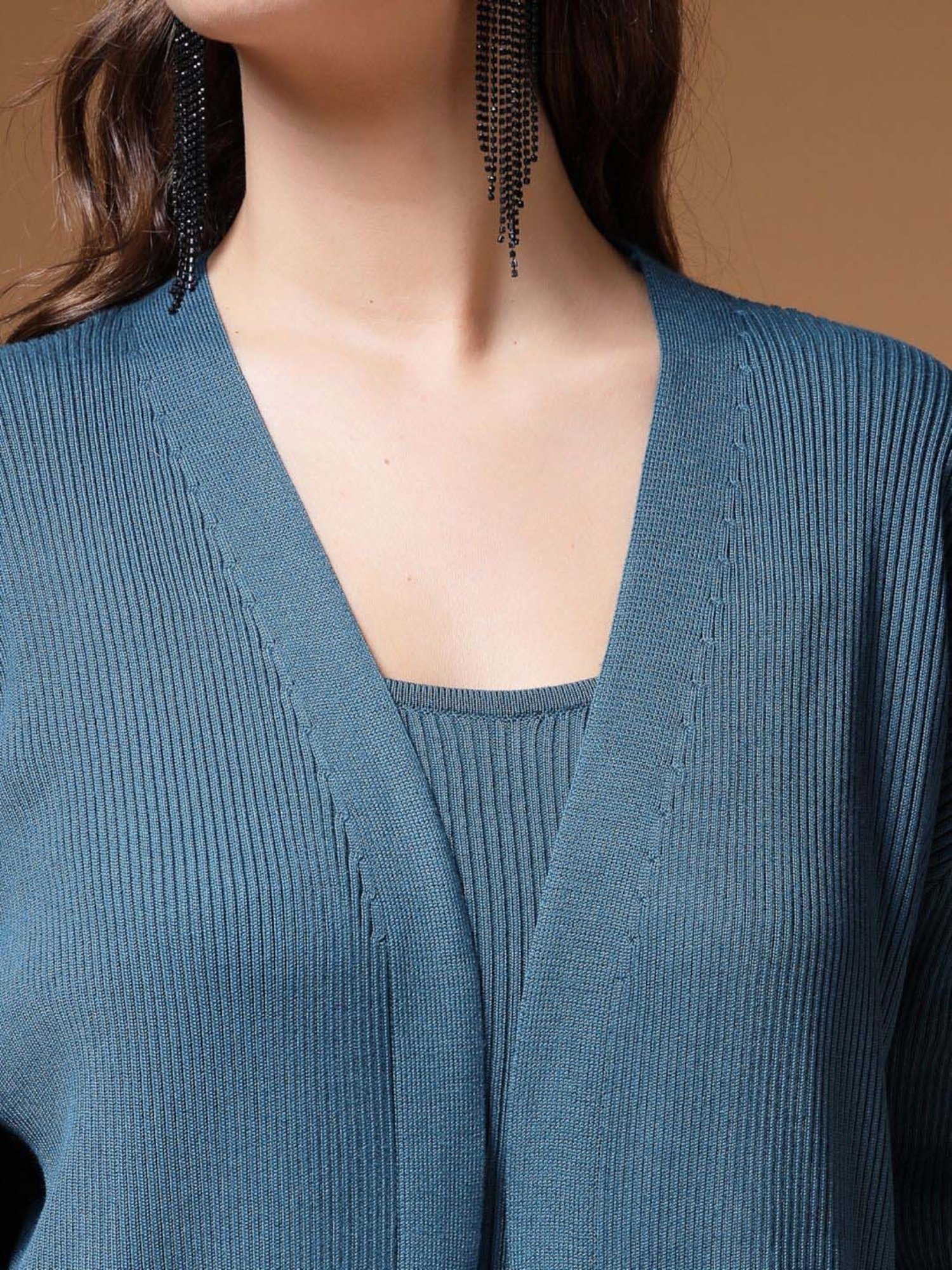 Mafadeny Teal Blue Plain Top Pants Set With Shrug