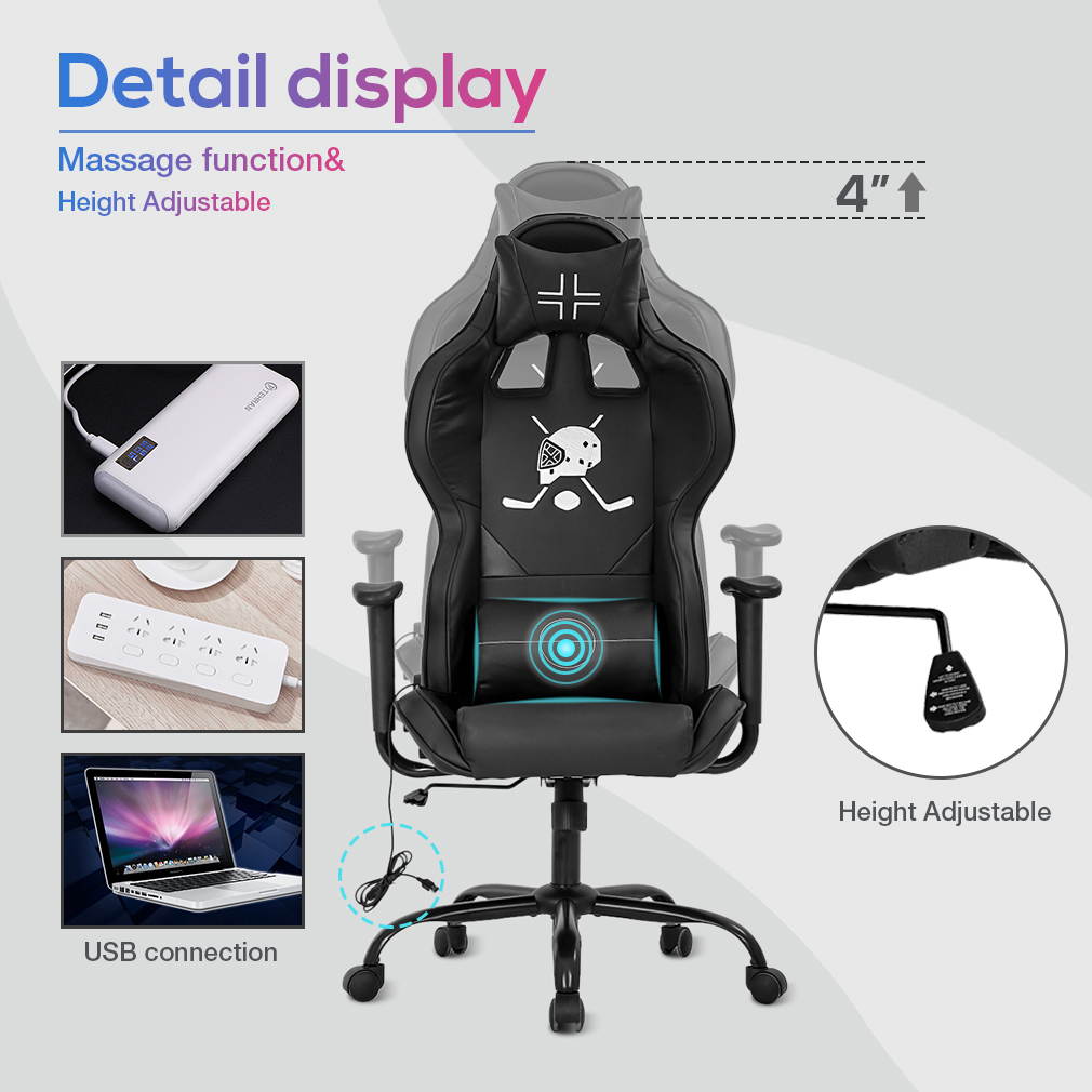 PC Gaming Chair Racing Office Chair Ergonomic Desk Chair with Lumbar Support Headrest Armrest Task Rolling Swivel PU Leather Adjustable E-Sports Massage Computer Chair for Adults(Black)