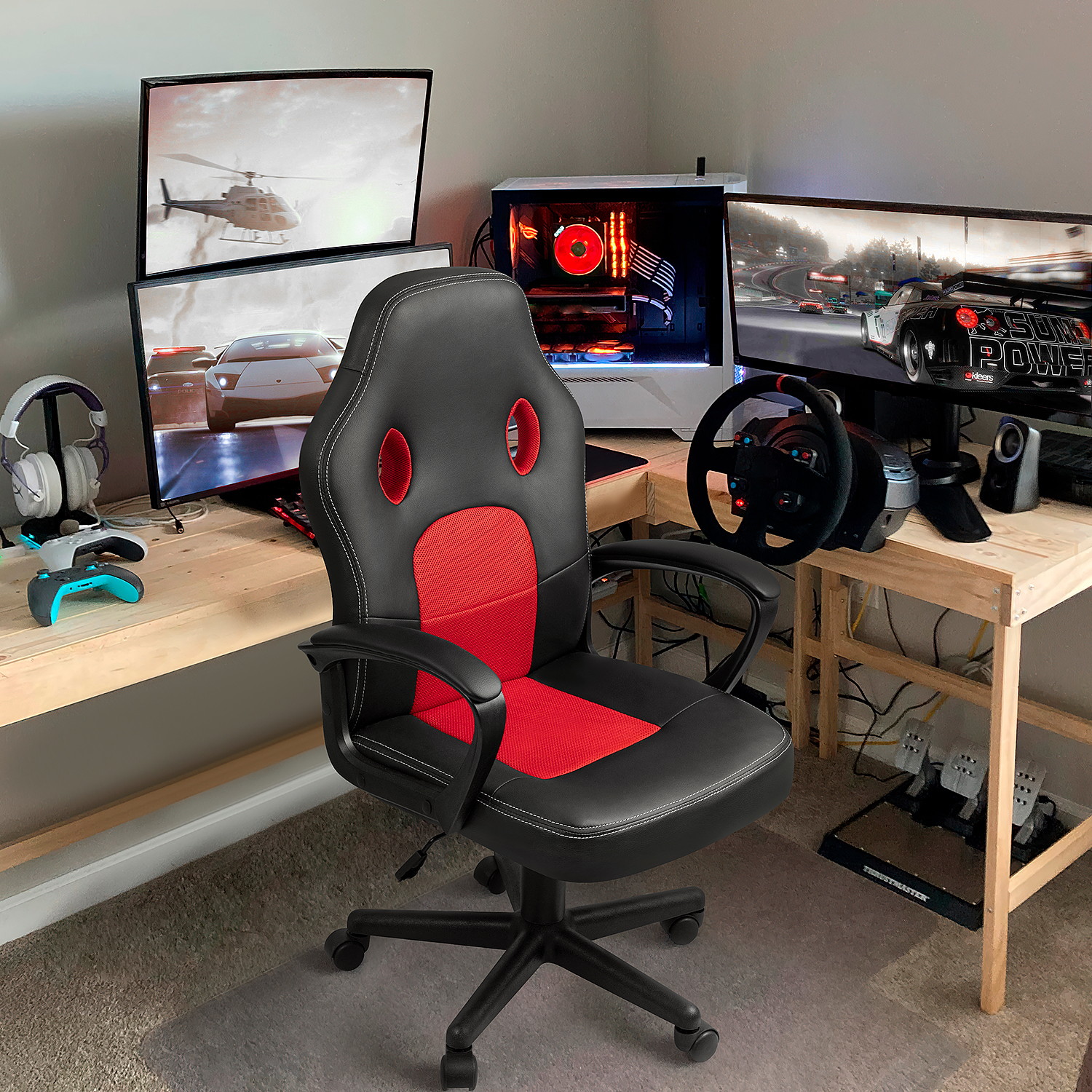 Furmax Office Desk Leather Gaming, High Back Ergonomic Adjustable Racing Task Swivel Executive Computer Chair Headrest and Lumbar Support (Black)