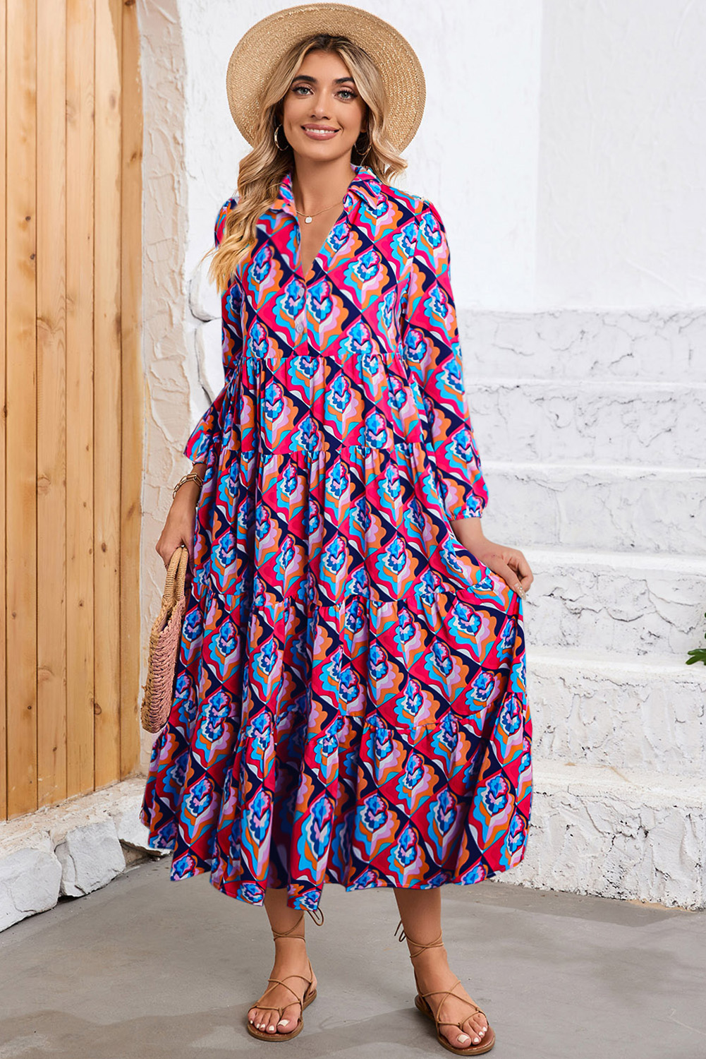 Multicolor Boho Floral Collared Long Sleeve Dress