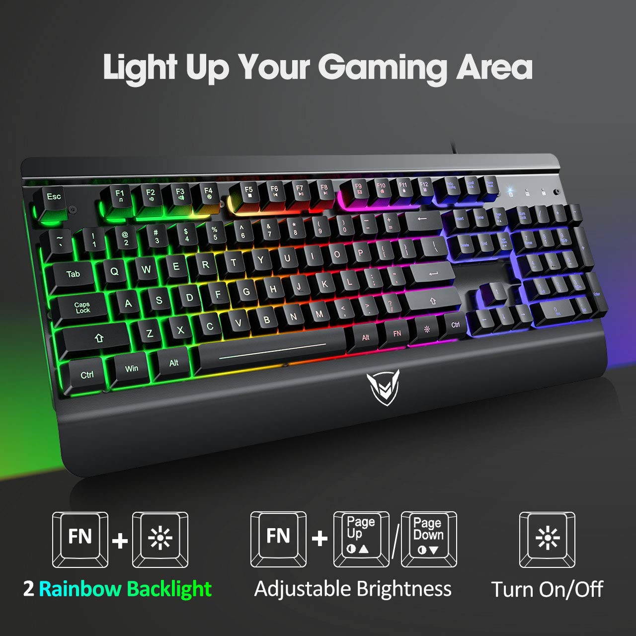 Metal Gaming Keyboard, LED Wired Rainbow Keyboard, USB Backlit Membrane Keyboard with Wrist Rest, 19 Anti-ghosting Keys, 12 Multimedia Shortcuts, Spill-Resistant for Windows PC Gamer-Black
