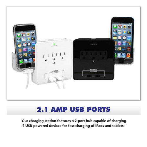 RND Power Solutions Wall Power Station includes 3 AC Plugs and 2 USB ports with Surge Protection and 2 slide-out holders for your Smartphone (White) (2-pack back 2FT Micro Cables included)