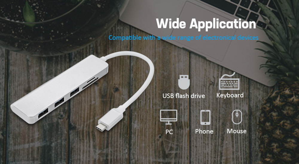 USB-C SD/TF Card Reader with 3 USB3.0 HUB, Type-C HUB Card Reader 5 Port with 3 x USB 3.0 / SD / TF Ports.