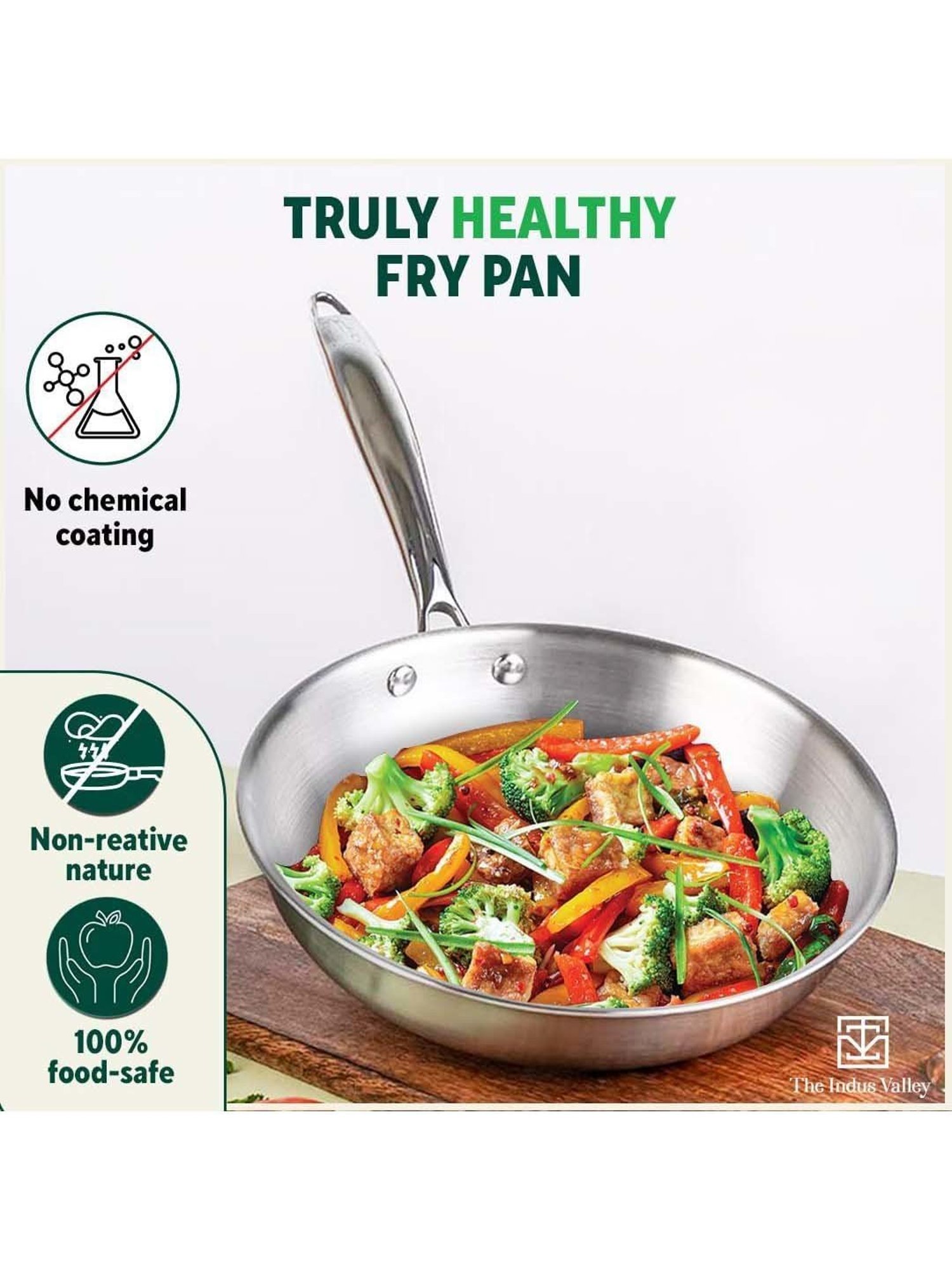 The Indus Valley Silver Stainless Steel 25.4 cm Fry Pan With Long Handle & Glass Lid (1.7 L)