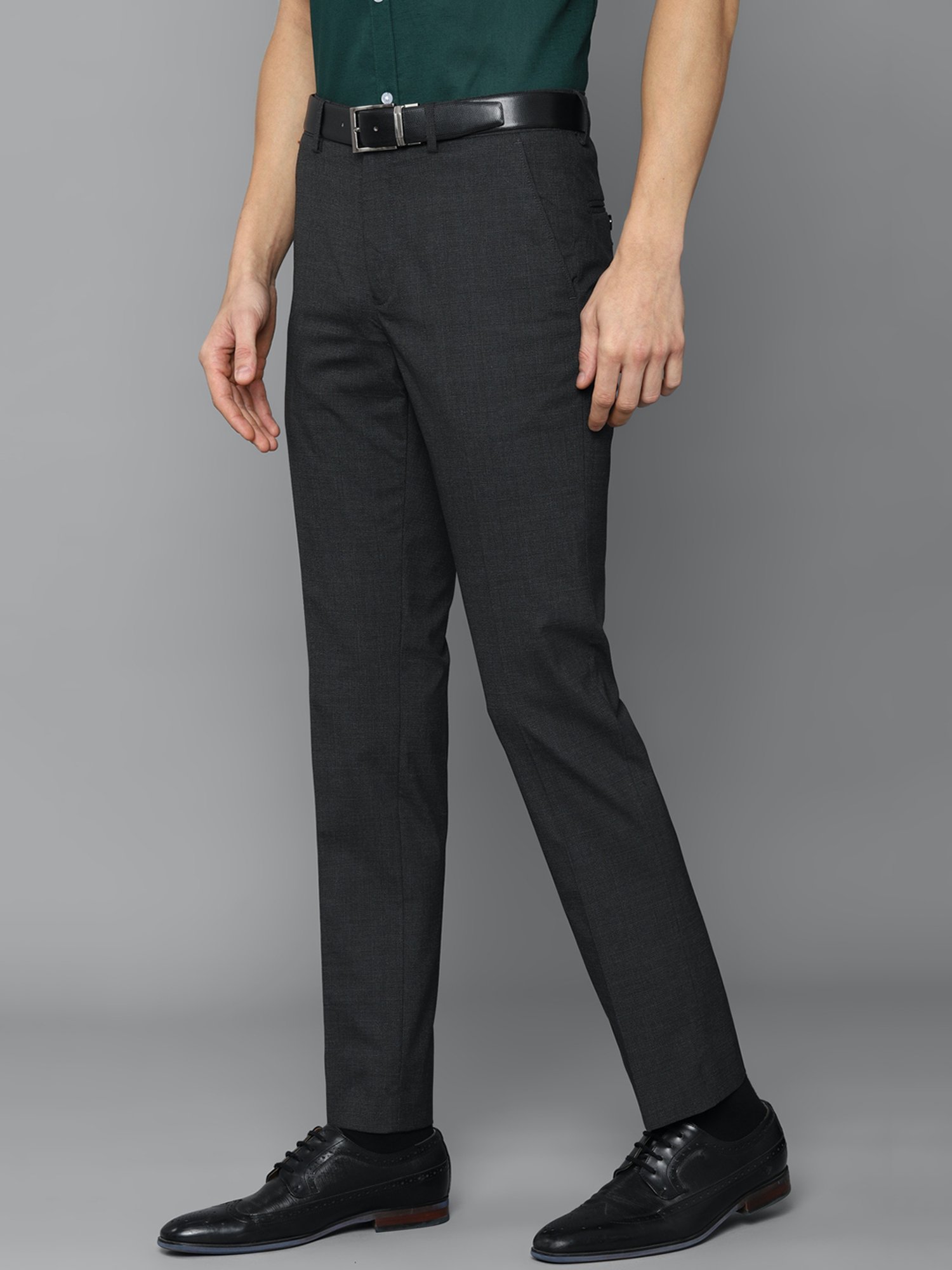 Louis Philippe Dark Grey Slim Fit Flat Front Trousers