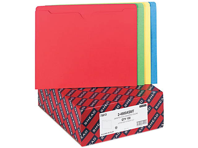 Smead 75613 File Jackets with Double-Ply Tab, Letter, Blue/Green/Red/Yellow, 100/Box