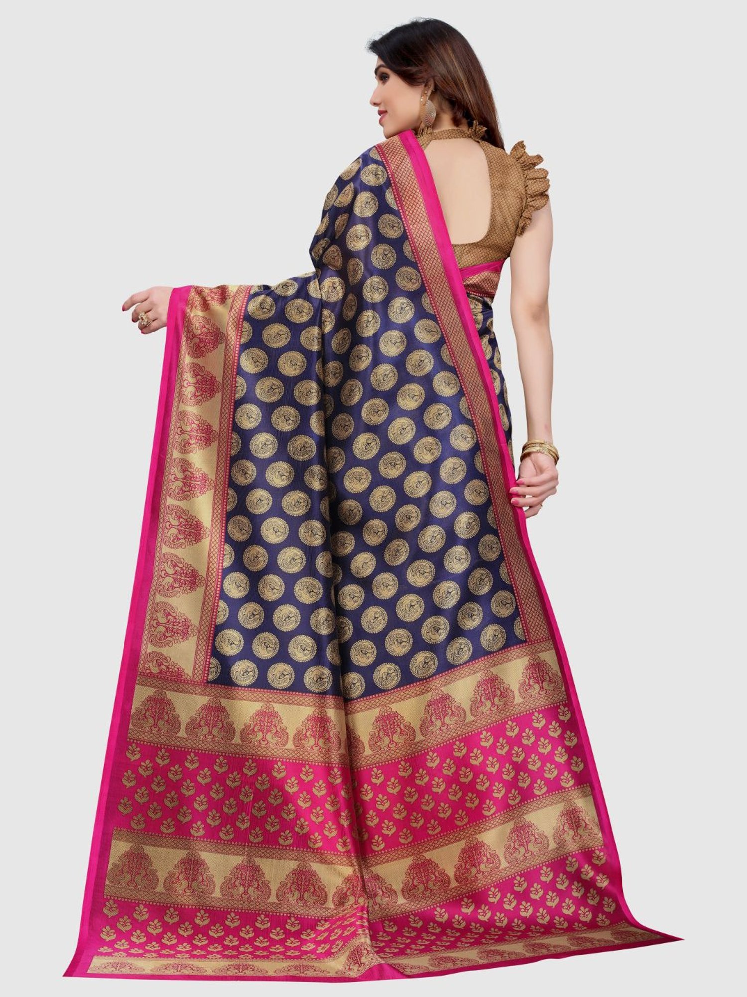 KSUT Navy Printed Saree With Unstitched Blouse