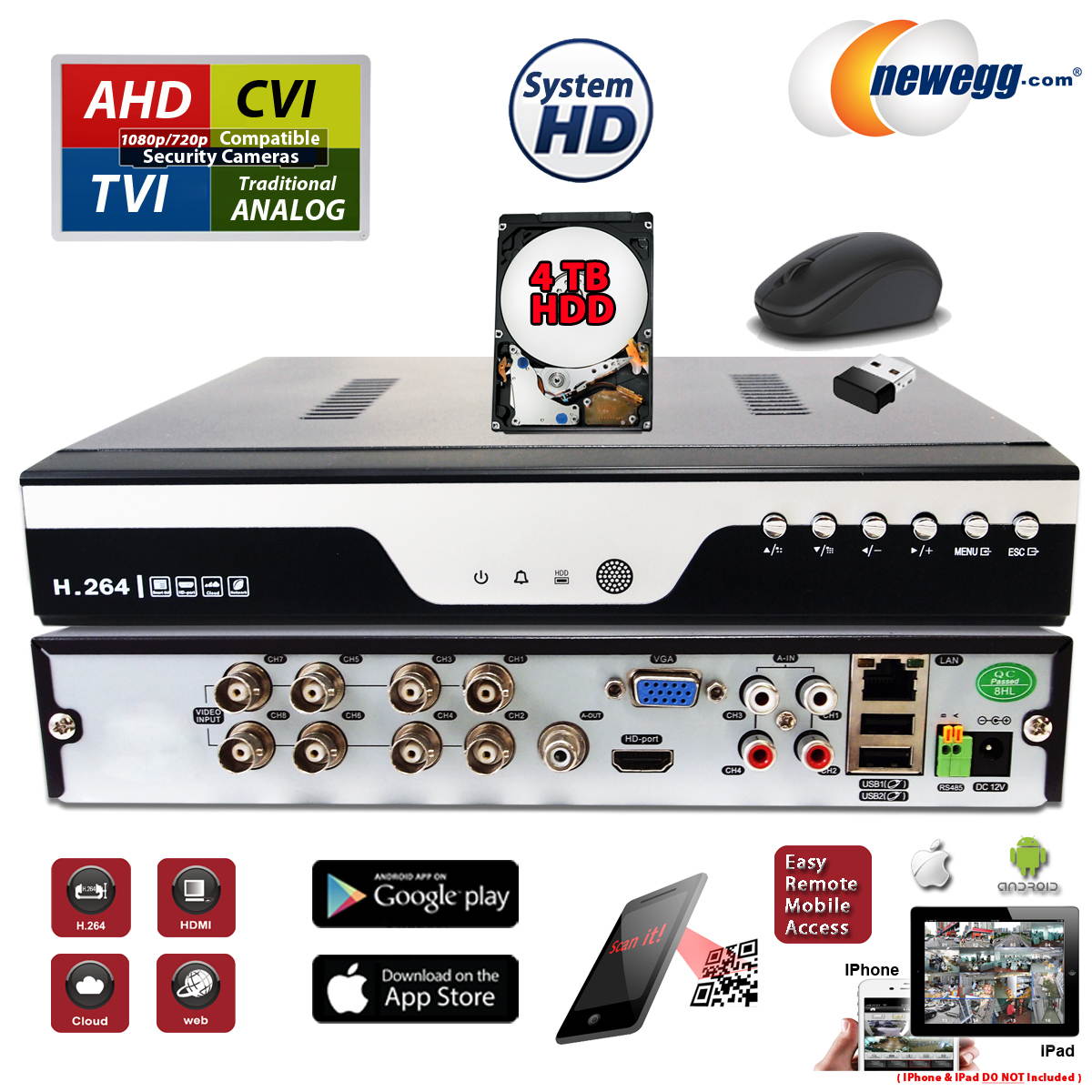 Evertech 8 Channel Security DVR Recorder H.264 / H.265 Hybrid 4in1 AHD TVI CVI Analog CCTV Security Camera System Digital Video Recorder 4TB Hard Drive