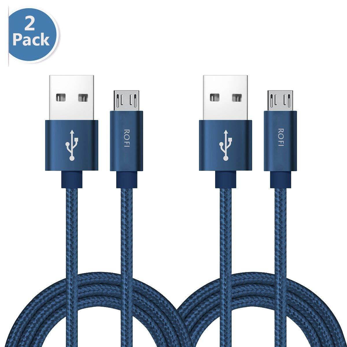RoFI Micro USB Cable, [2Pack] 0.6M Samsung Charger, Nylon Braided Micro USB Charger, High Speed USB 2.0 A to Micro B Charging Cord Universal for HTC, S6, Kindle, Android, and More (Blue, 2 Feet)