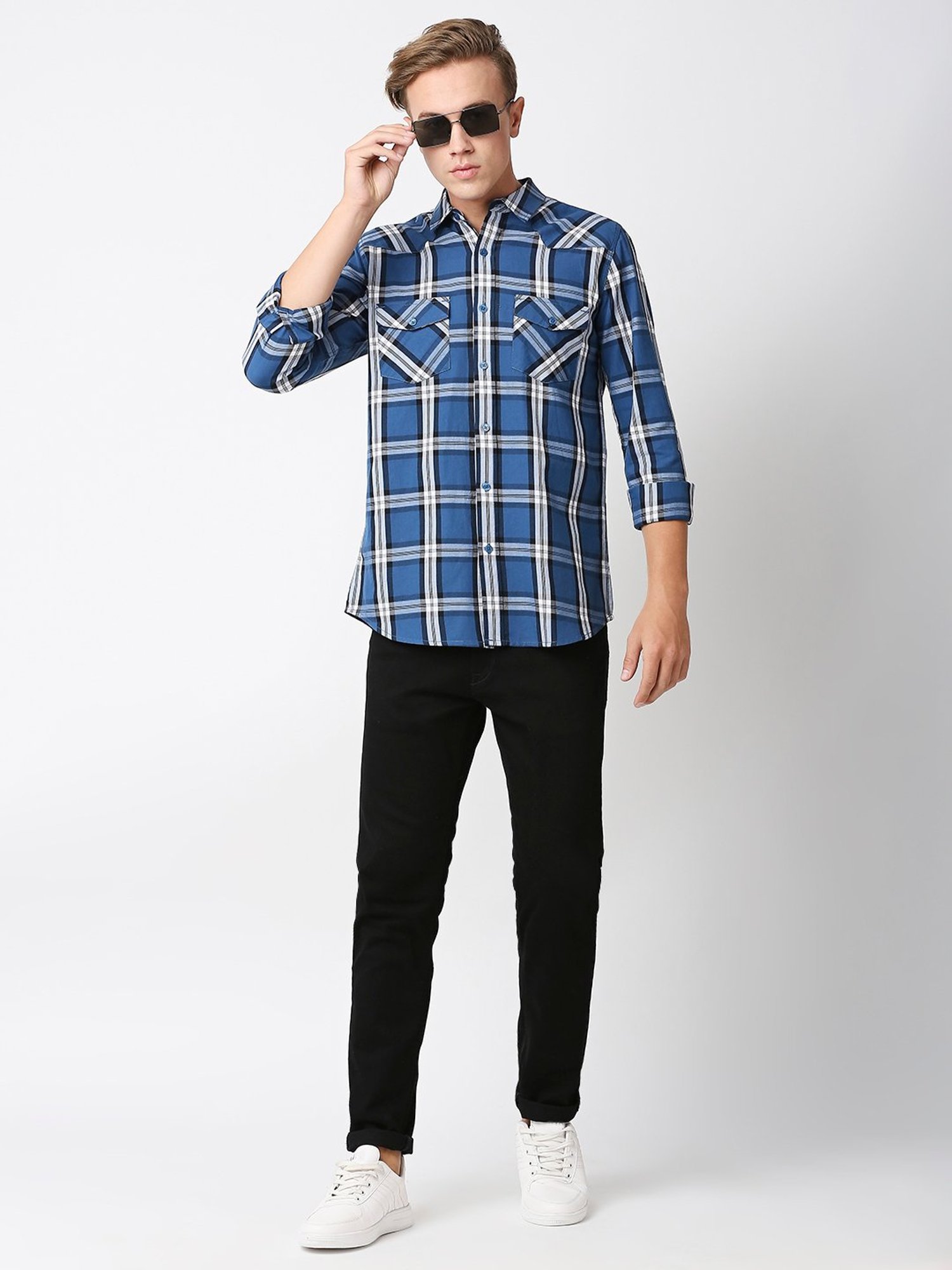 SOLEMIO Blue Slim Fit Check Cotton Shirt