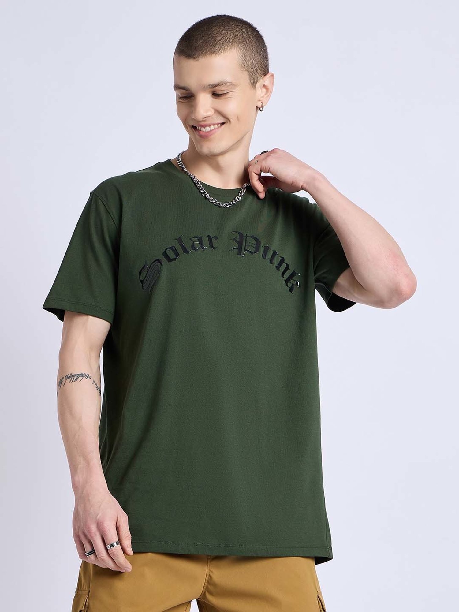 EDRIO Olive Regular Fit Printed Crew T-Shirt