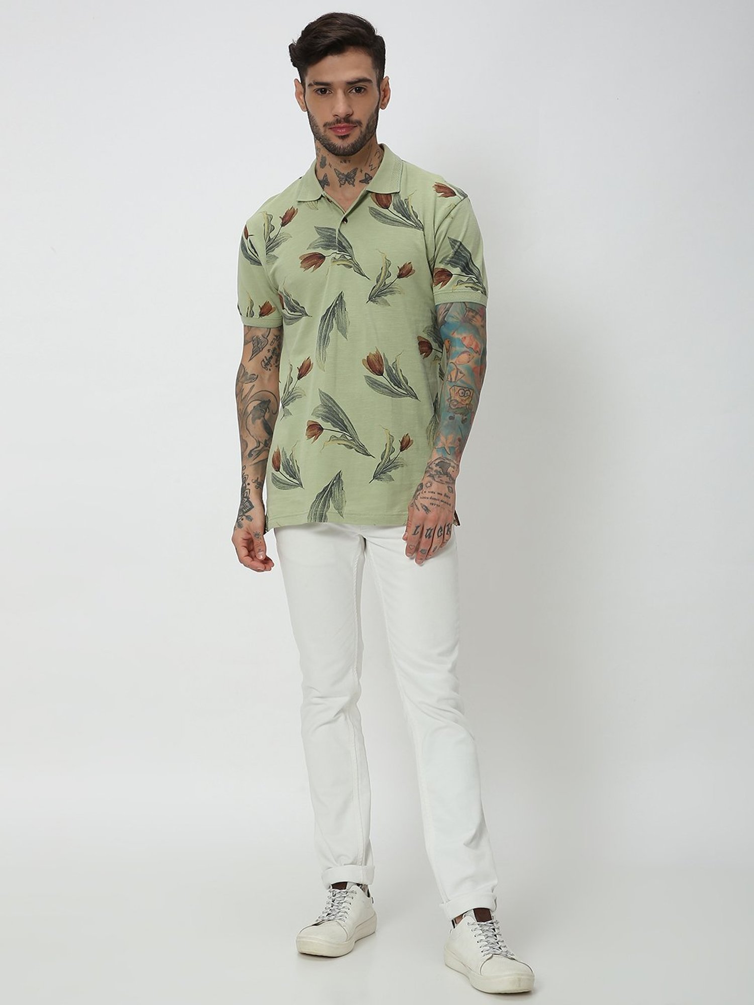 Mufti Light Olive Slim Fit Floral Print Cotton Polo T-Shirt