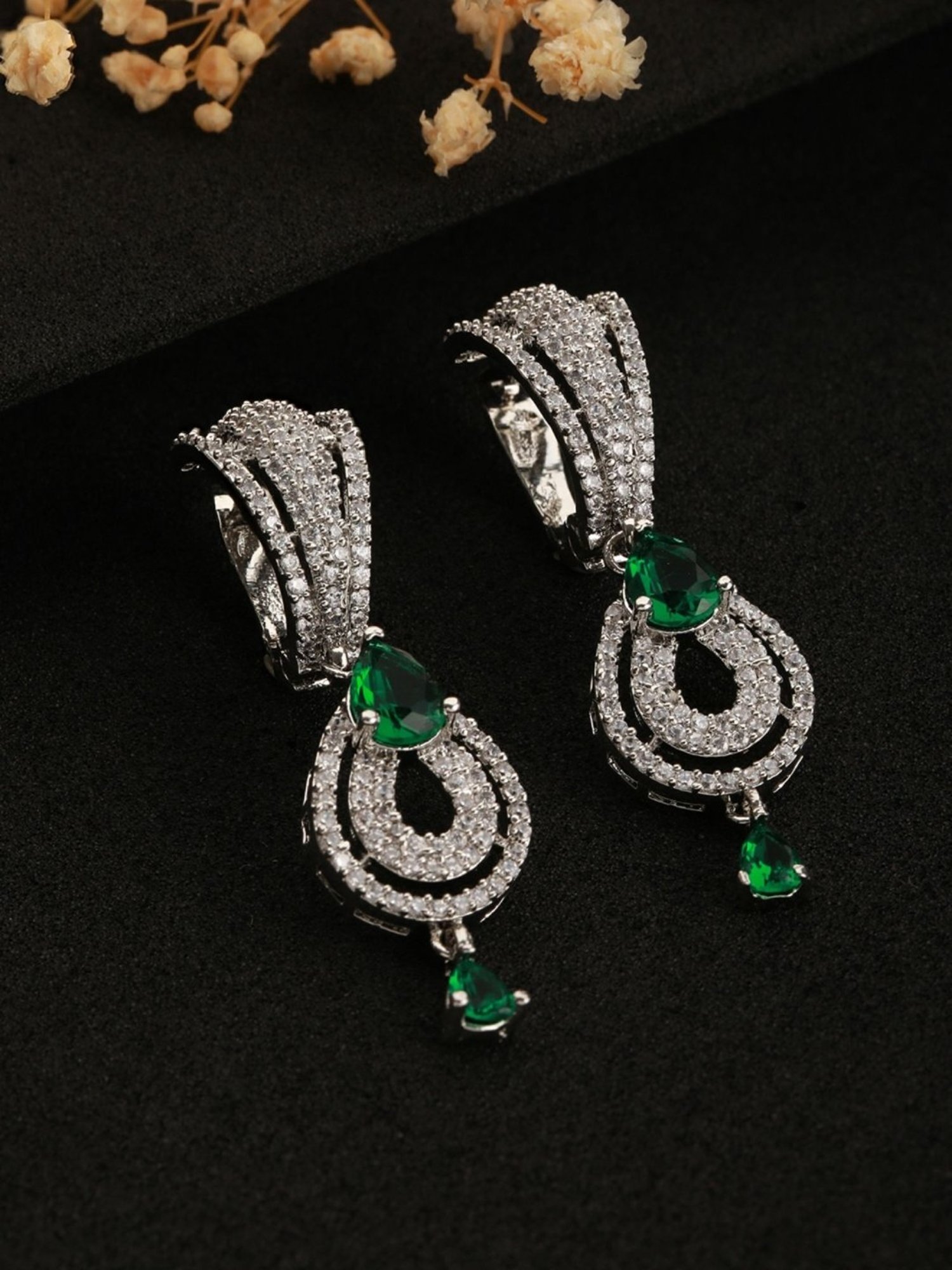 Aatmana Green & White Rhodium-Plated AD Studded Teardrop Earrings for Women
