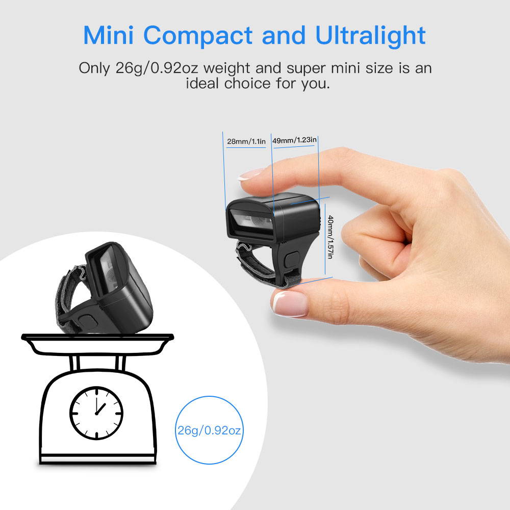 2D Wearable Ring Barcode Scanner/ Mini Portable 3-in-1 USB Wired & 2.4G Wireless & Bluetooth Bar Code Reader/ Image 1D QR Scanner PDF417 Data Matrix Screen Scanning /  iPad/ iPhone/ Android/ PC