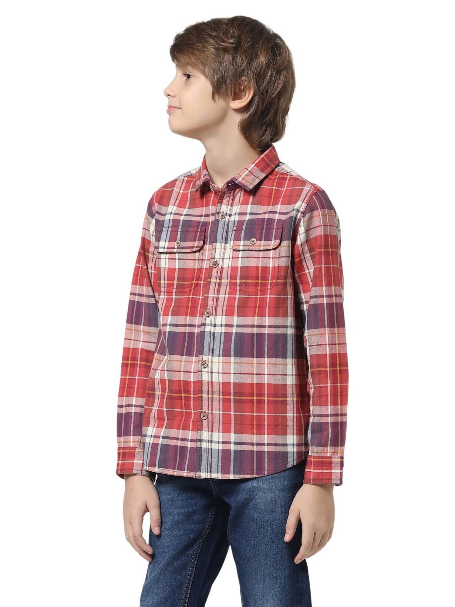 Jack & Jones Junior Red & Lilac Cotton Chequered Full Sleeves Shirt