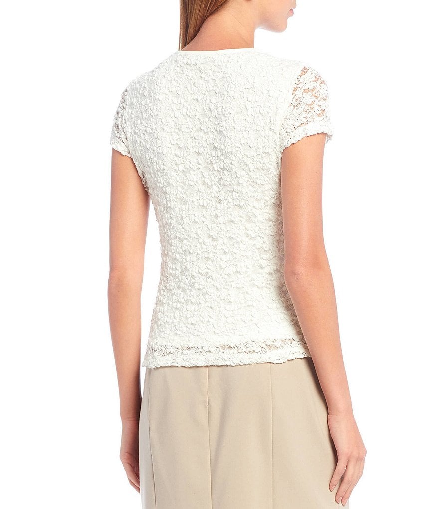 Ali Miles Petite Size Long Roll-Tab Sleeve Round V-Neck Pucker Knit Asymmetrical Tunic