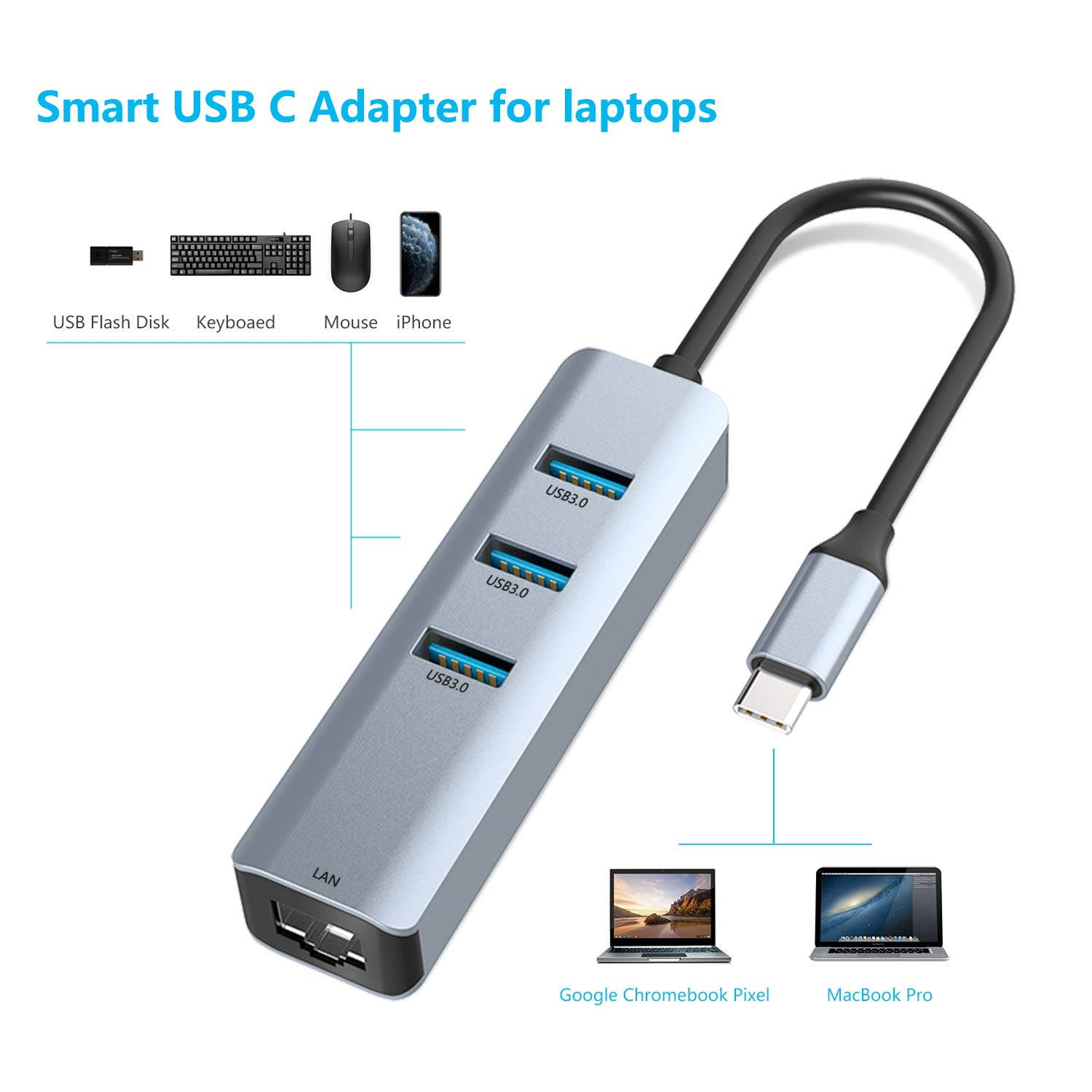 USB C to Ethernet Adapter, Hannord 4-in-1 Aluminum USB C Adapter with Ethernet Port, 3 USB 3.0 Ports, for MacBook Pro 2019/2018/2017, Chromebook, Linux, and More Type C Devices