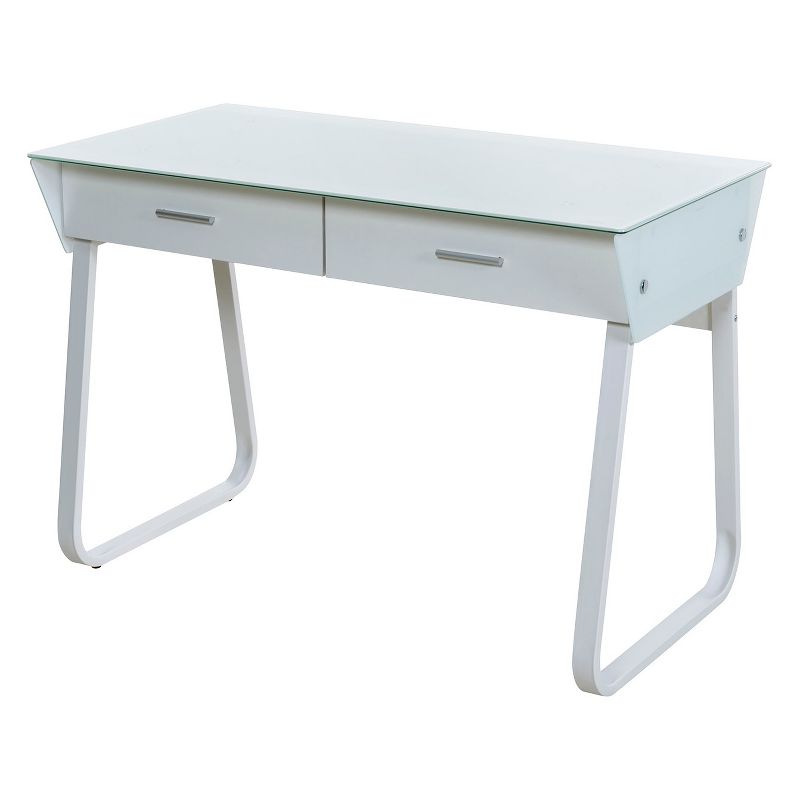 Ultramodern Glass Computer Desk with Drawers Steel Frame White - OneSpace