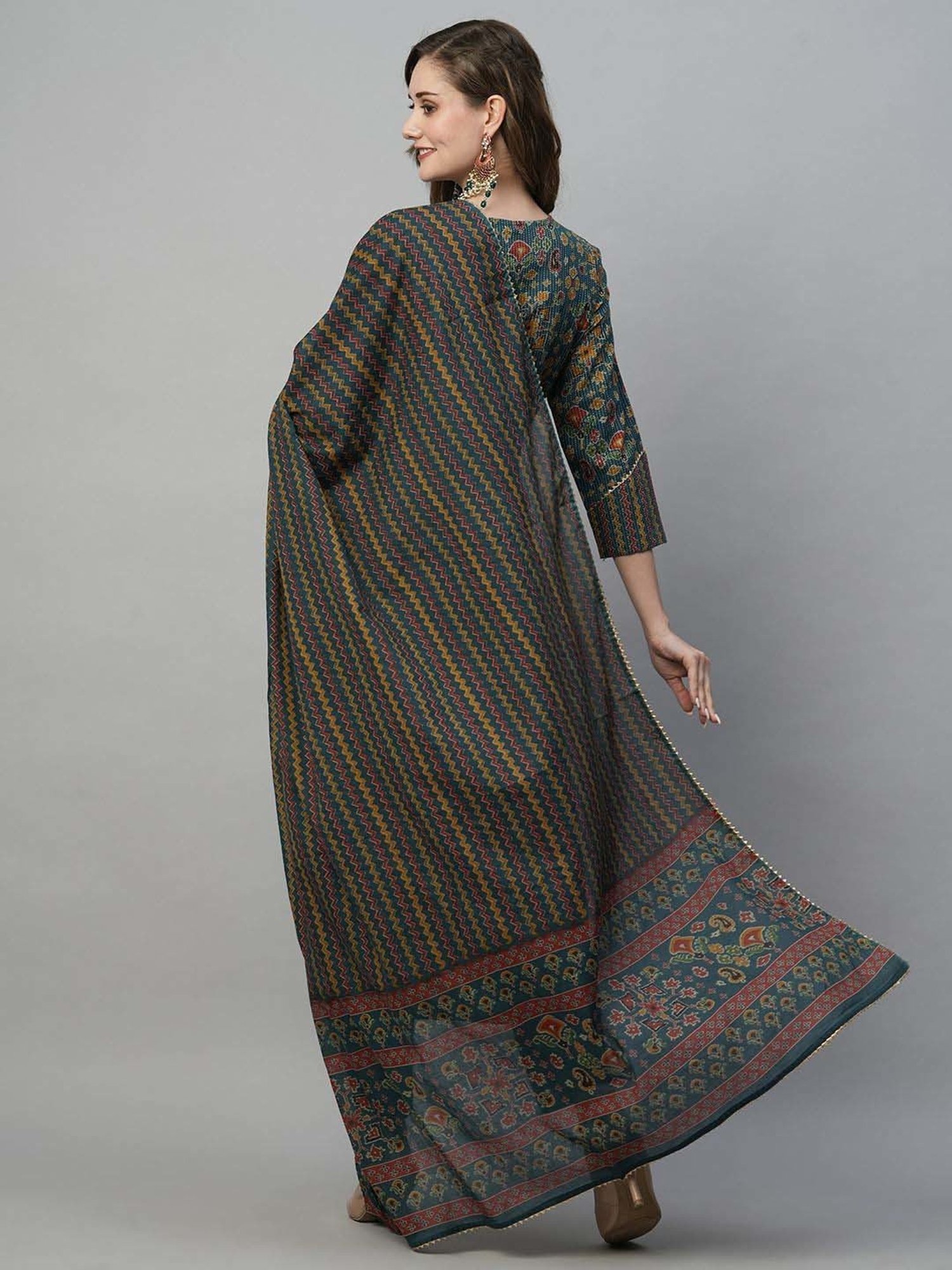 Heeposh Blue Cotton Printed Kurta Pant Set With Dupatta