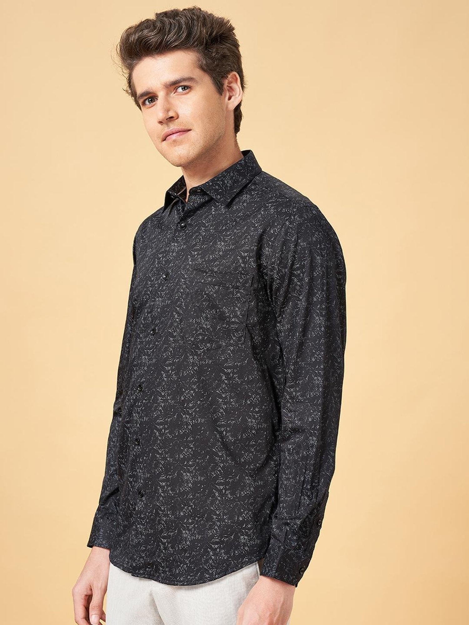 Peregrine By Pantaloons Black Cotton Slim Fit Printed Shirt