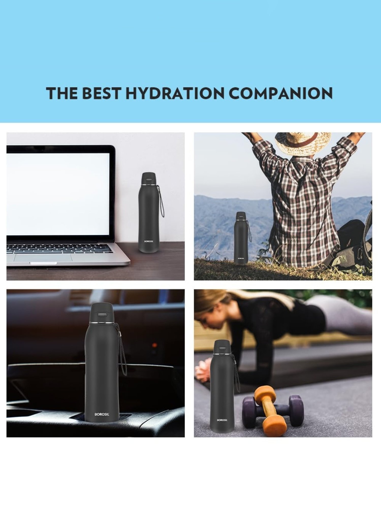 Borosil Black Stainless Steel Double Wall Vaccum Insulated Water Bottles (600ml)