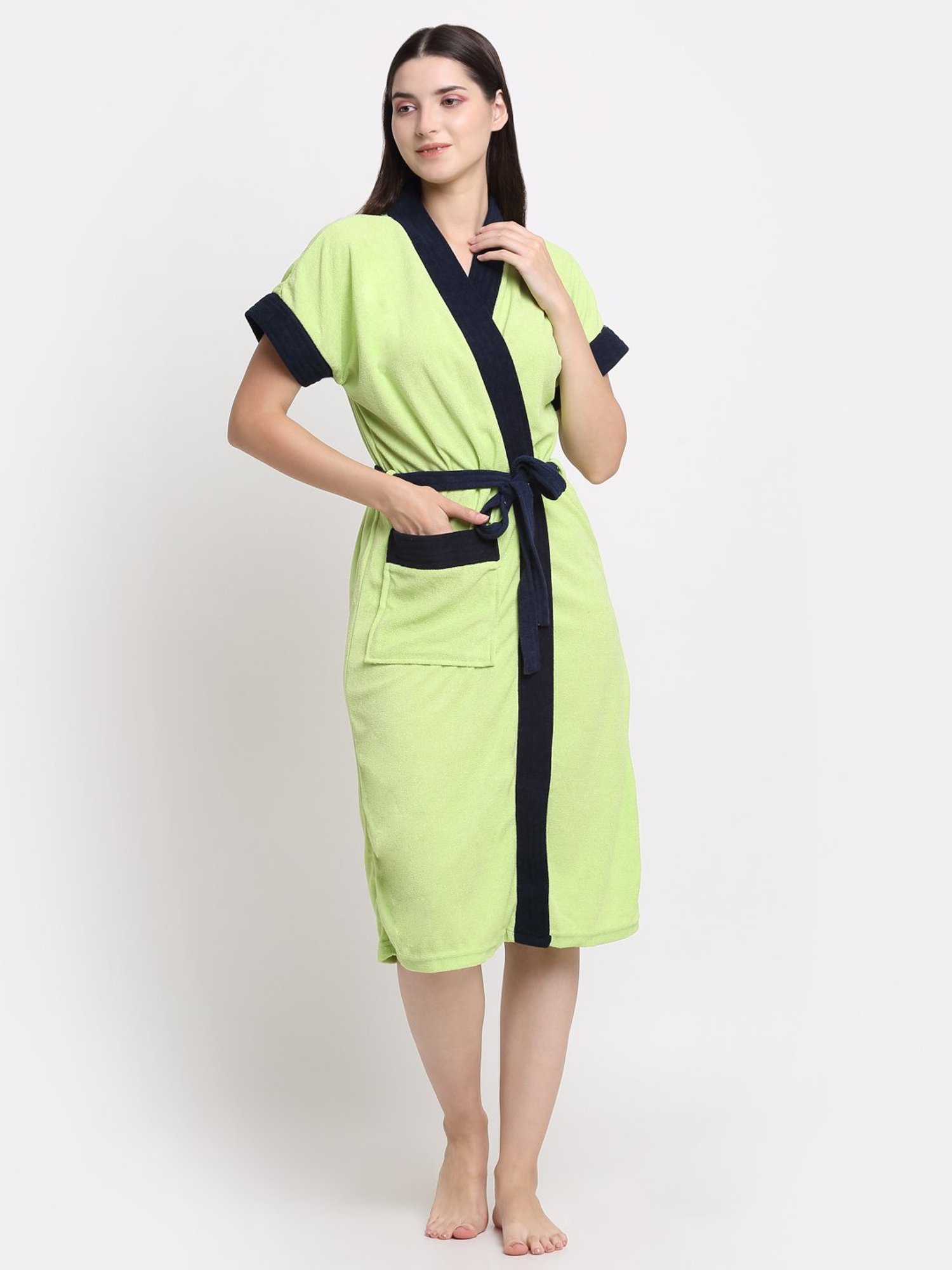 Creeva Everyday Parrot Green & Indigo 225 GSM Micro Terry Bathrobe with Front Pocket & Kimono Collar