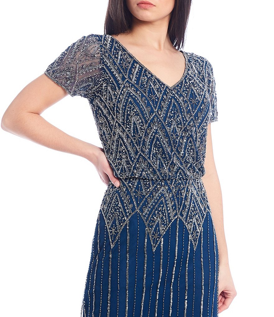 Pisarro Nights Petite Size Short Sleeve V-Neck Beaded Blouson Gown