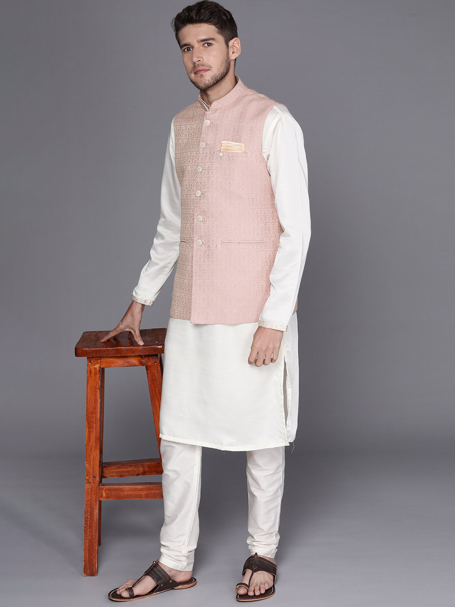 Manyavar Pink Regular Fit Self Design Nehru Jacket