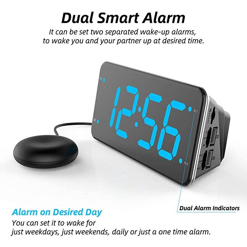 Loud Alarm Clock with Bed Shaker Vibrating Alarm Clock for Heavy Sleepers Deaf and Hard of Hearing Dual Alarm Clock with USB Charger 7Inch Display Full Range Dimmer Battery Backup Blue