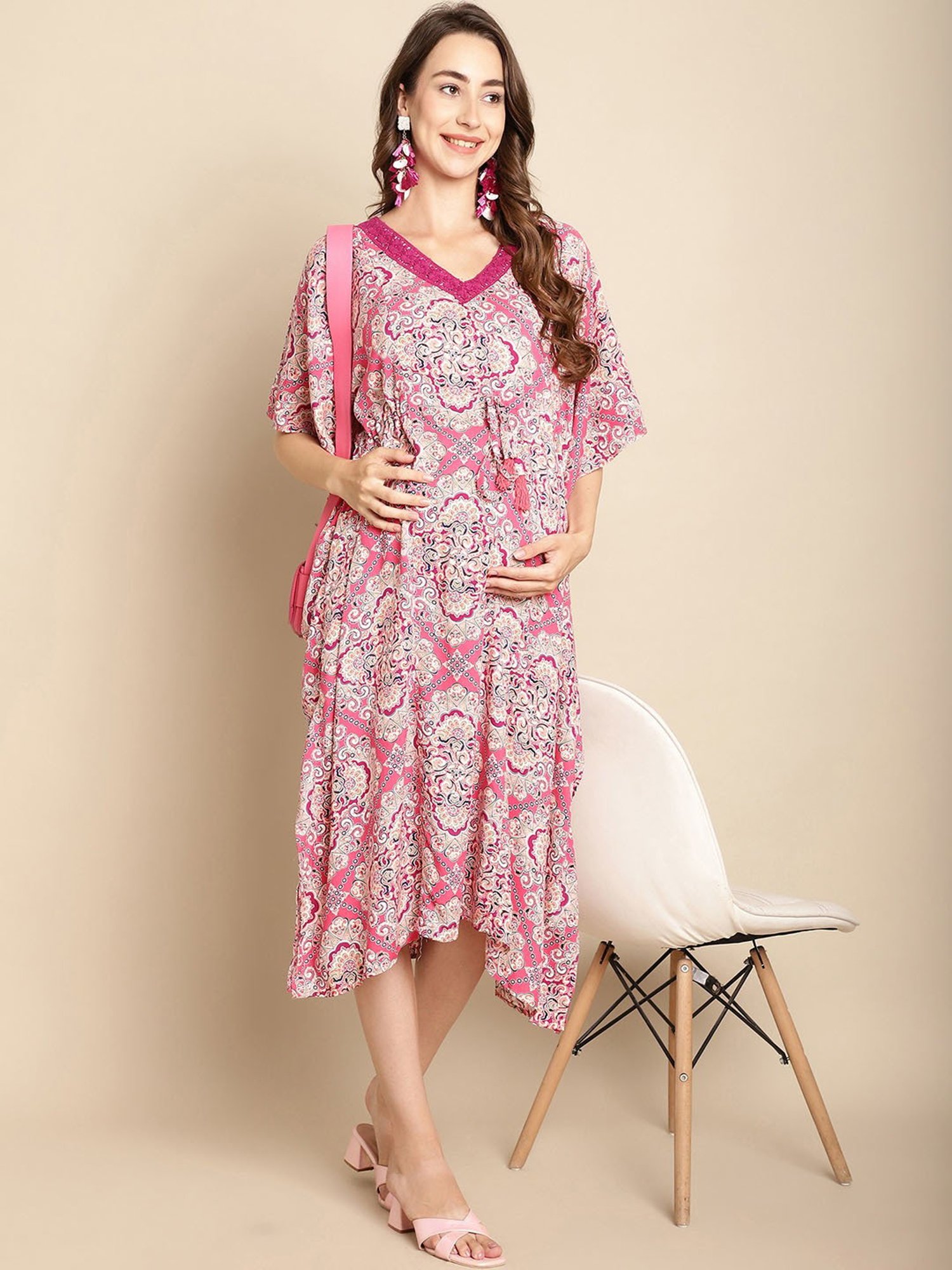 Secret Wish Pink Printed Maternity Kaftan Night Dress