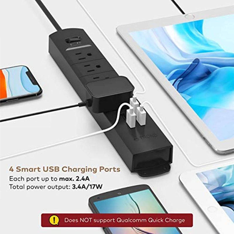 TROND Power Strip Surge Protector Flat Plug, 4 AC Outlets & 4 USB Ports, 6ft Long Extension Cord, Wall Mount for Workbench, Nightstand, Dresser, Home, Office, Desk, Black