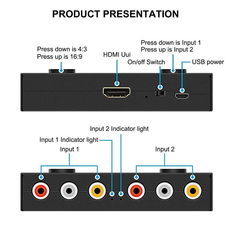 to HDMI Converter Support Quick Switch Support 16943 Compatible with WII N64 PS123 VHS VCR DVD Players etc 2 AV in 1 HDMI Out