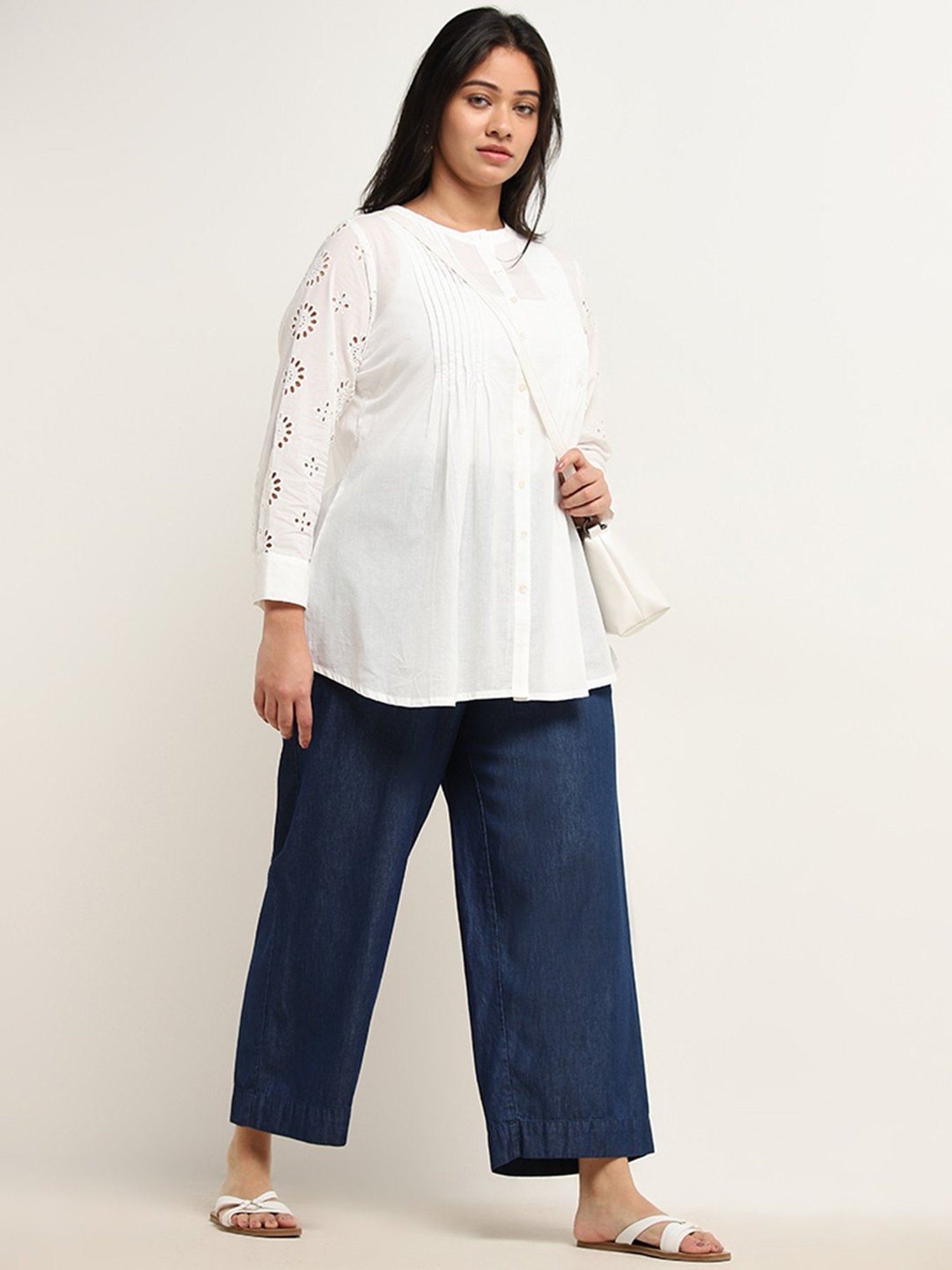 Diza by Westside White Pintuck Detailed Straight Cotton Kurti