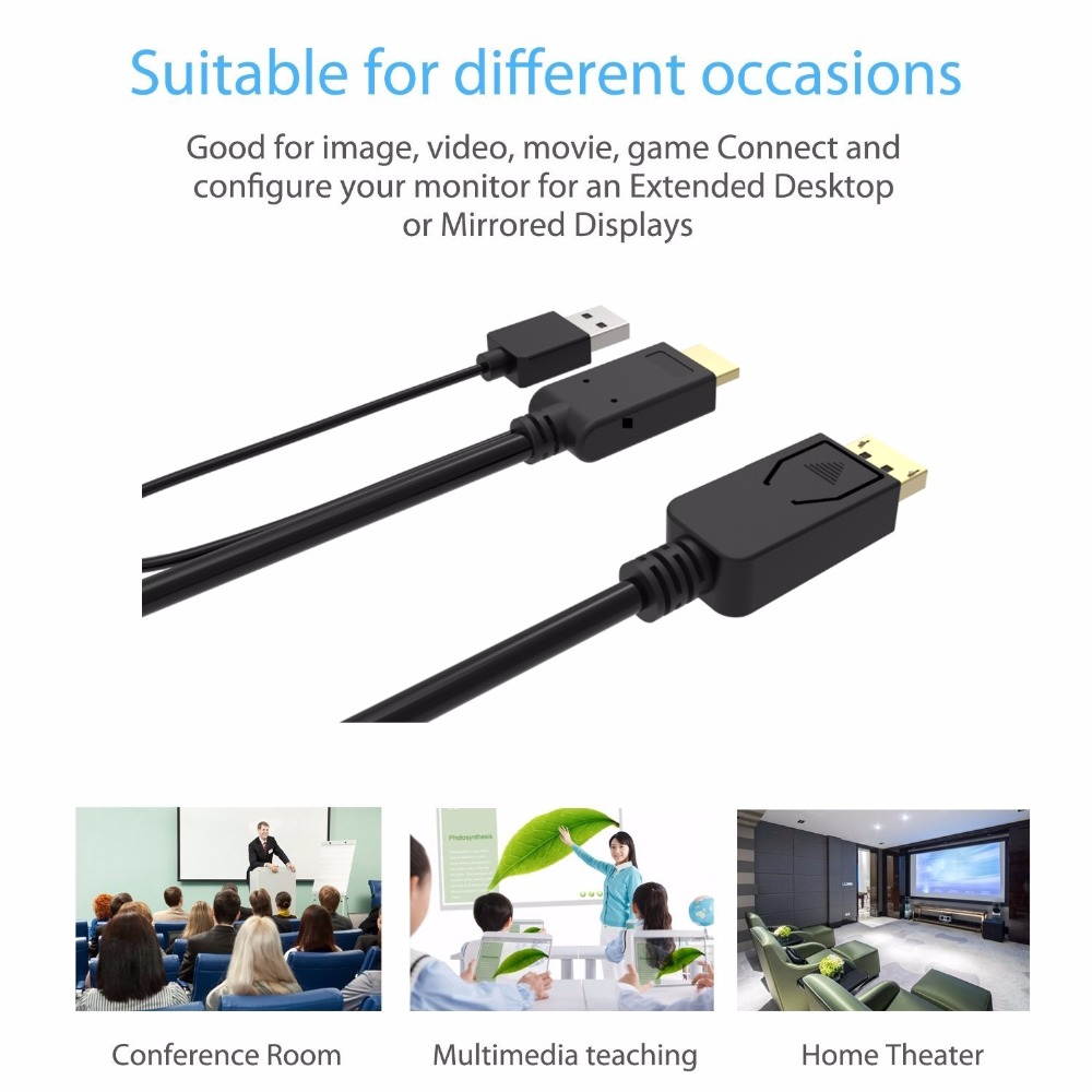 CableDeconn hdmi to displayport cable with usb power hdmi to dp Male to male converter adapter 2m for macbook dell Monitor hdtv pc