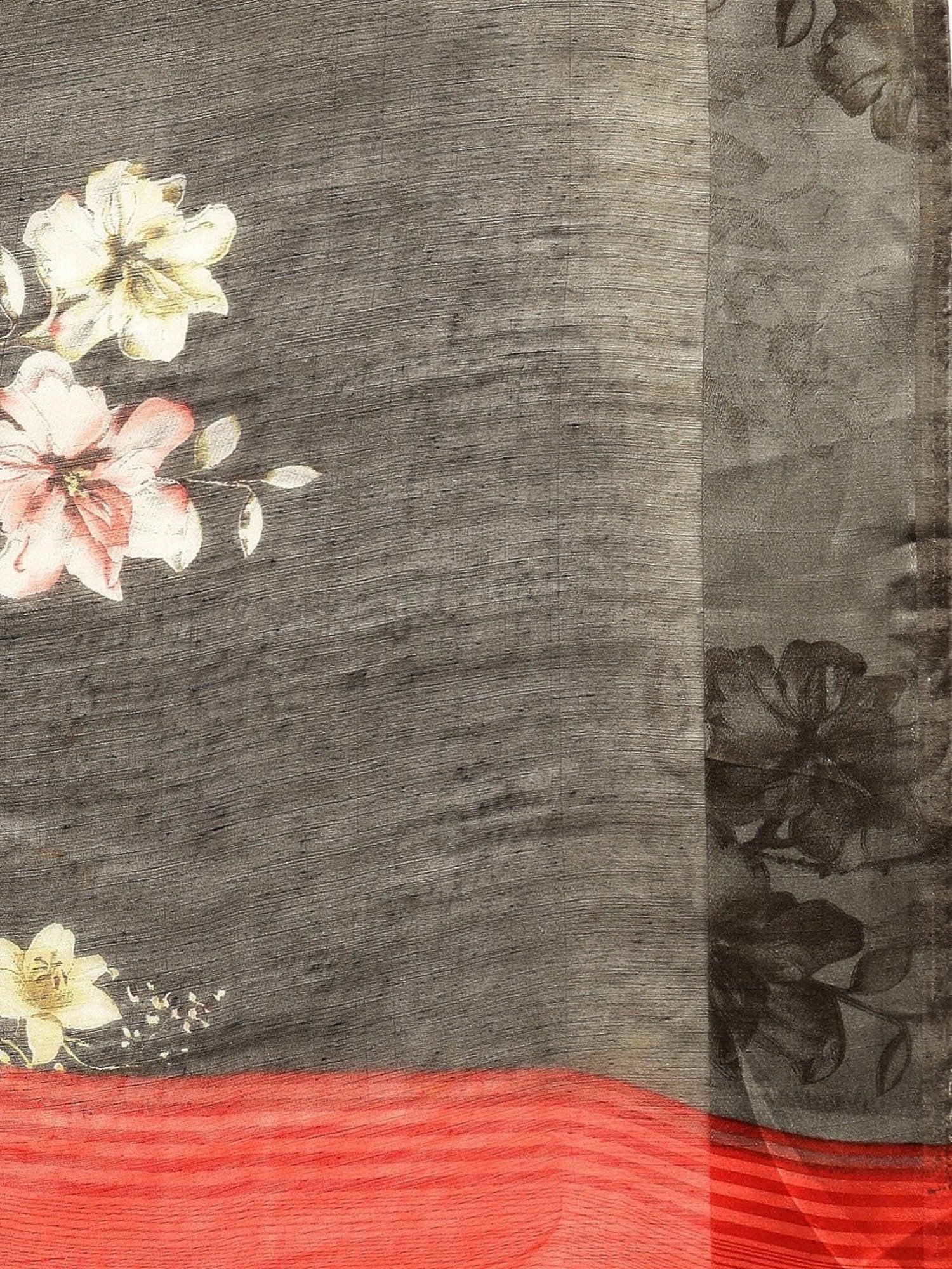 Vaamsi Dark Grey Floral Print Saree With Unstitched Blouse