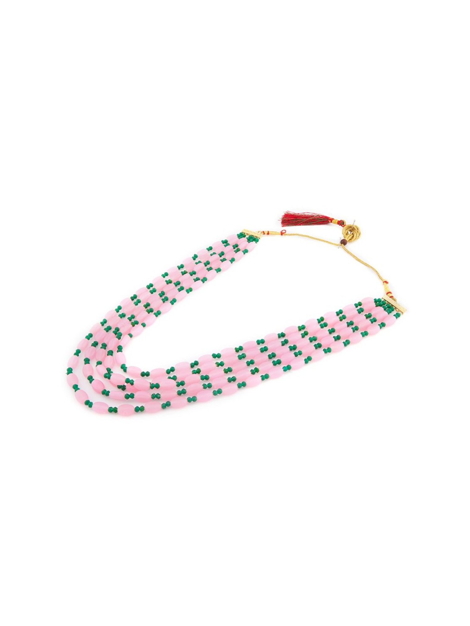 Zaveri Pearls Pink & Green Multi Layers Beaded Necklace & Earring Set