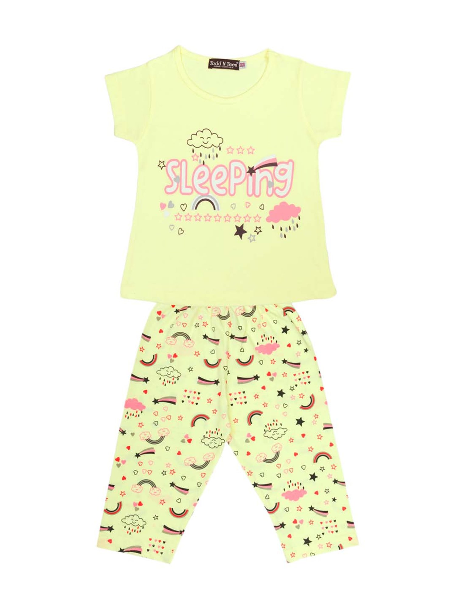 Todd N Teen Kids Blue & Yellow Cotton Printed T-Shirt & Capris - Pack of 2