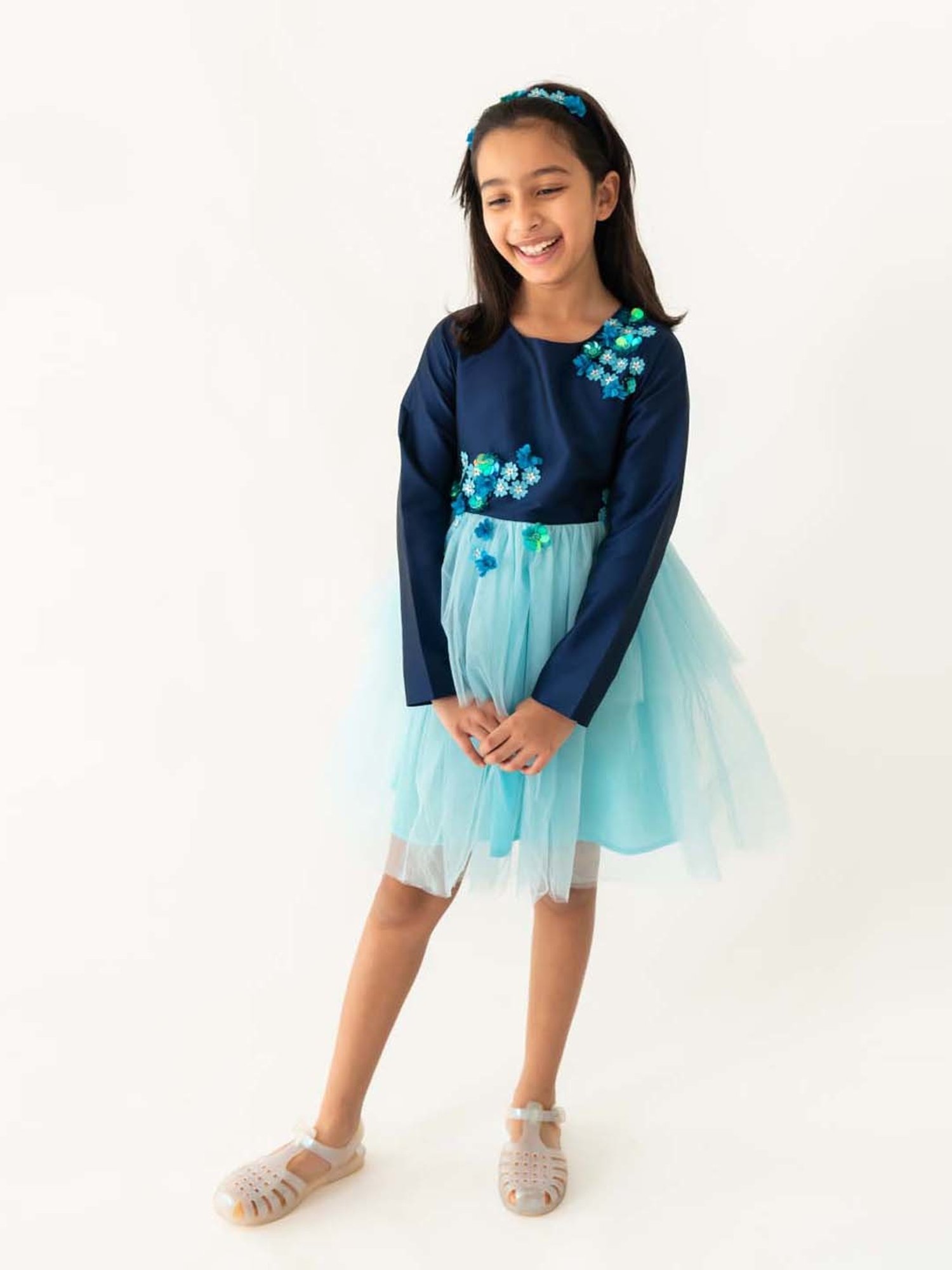 A Little Fable Blue Applique Full Sleeves Dress