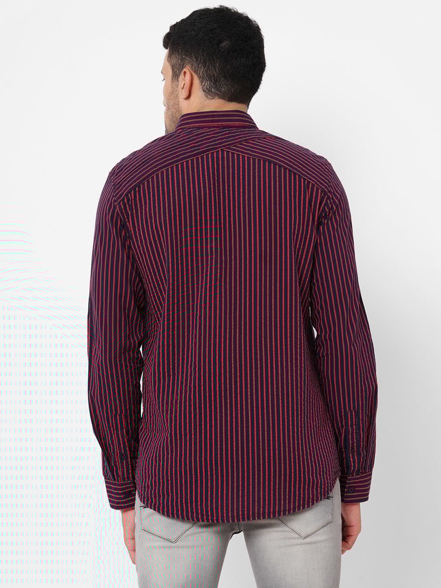 SOLEMIO Blue & Red Slim Fit Striped Shirt