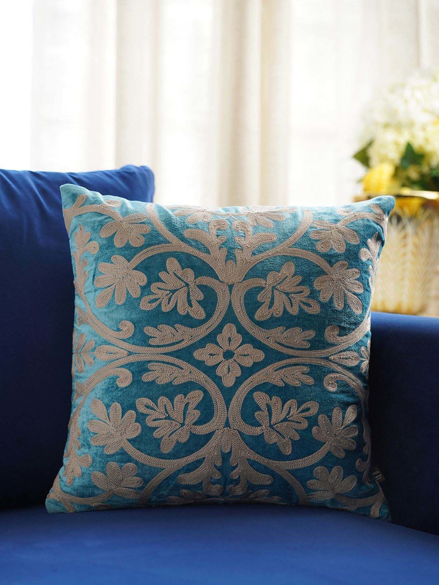 Pure Home and Living Blue Cotton Embroidered Square Cushion Cover