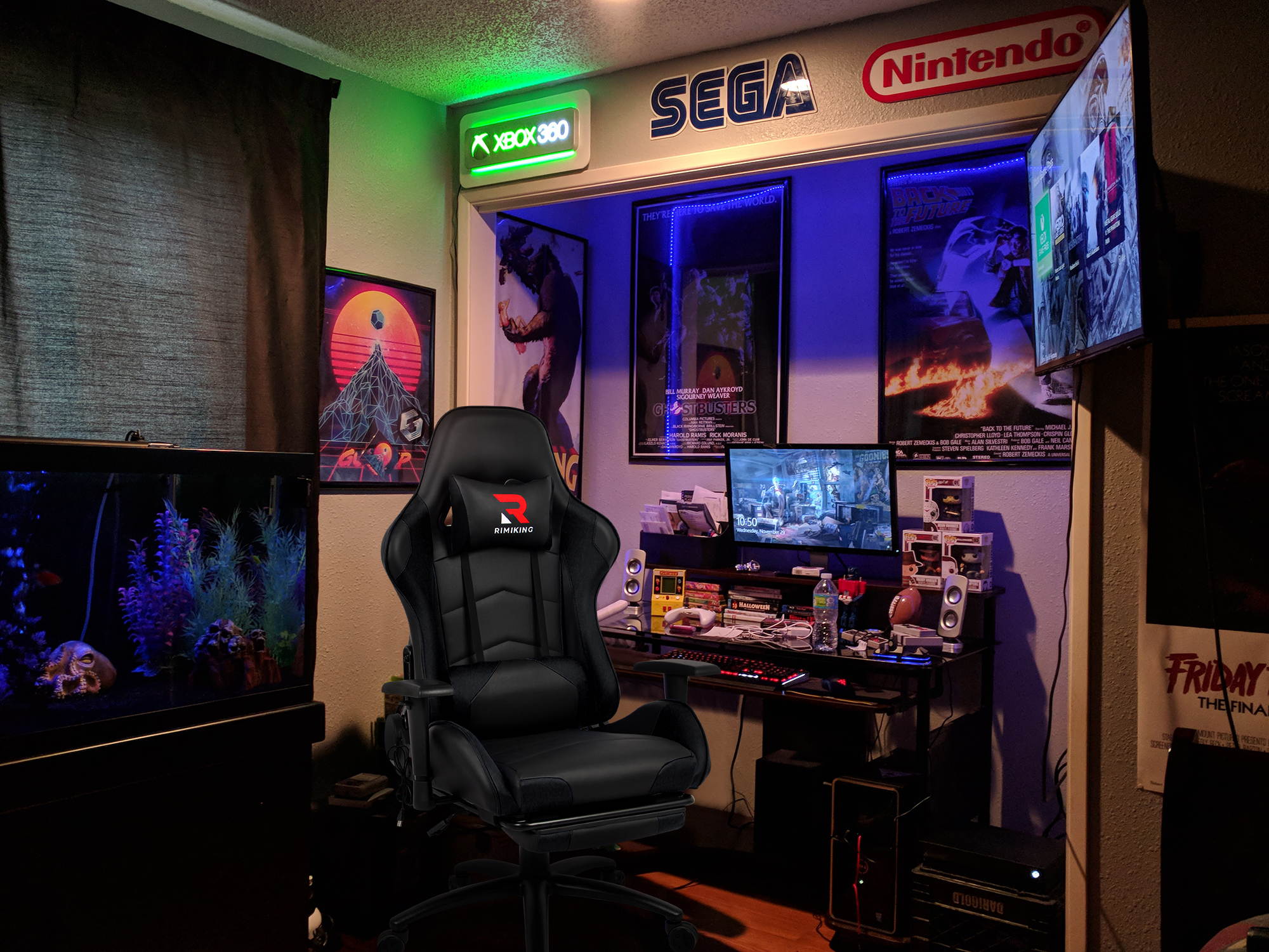 Massage Racing Chair with Retractable Footrest Gaming Chair - Computer Office Adjustable Lumbar Cushion Headrest Swivel Rocking Function Desk Chair 5 Colors