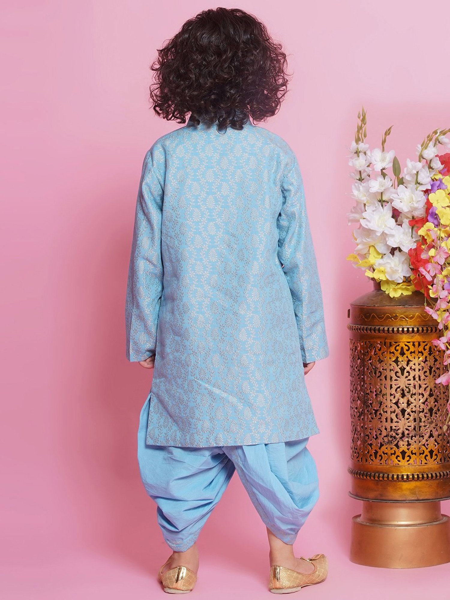 Little Bansi Kids Blue Embroidered Full Sleeves Sherwani with Dhoti